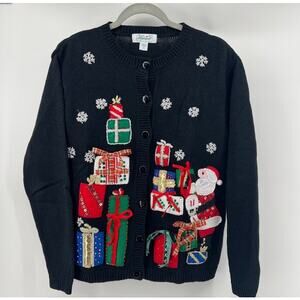 VTG Haband Christmas Holiday Cardigan Sweater Womens M Black Santa Bows Cottage